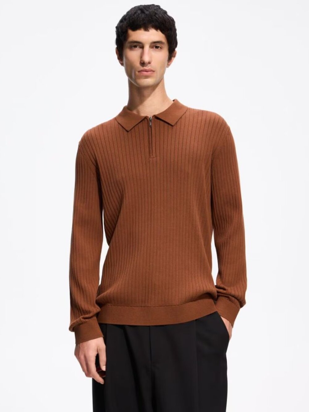 Men's Ribbed Polo Sweater, Reserved, Brown Size L
